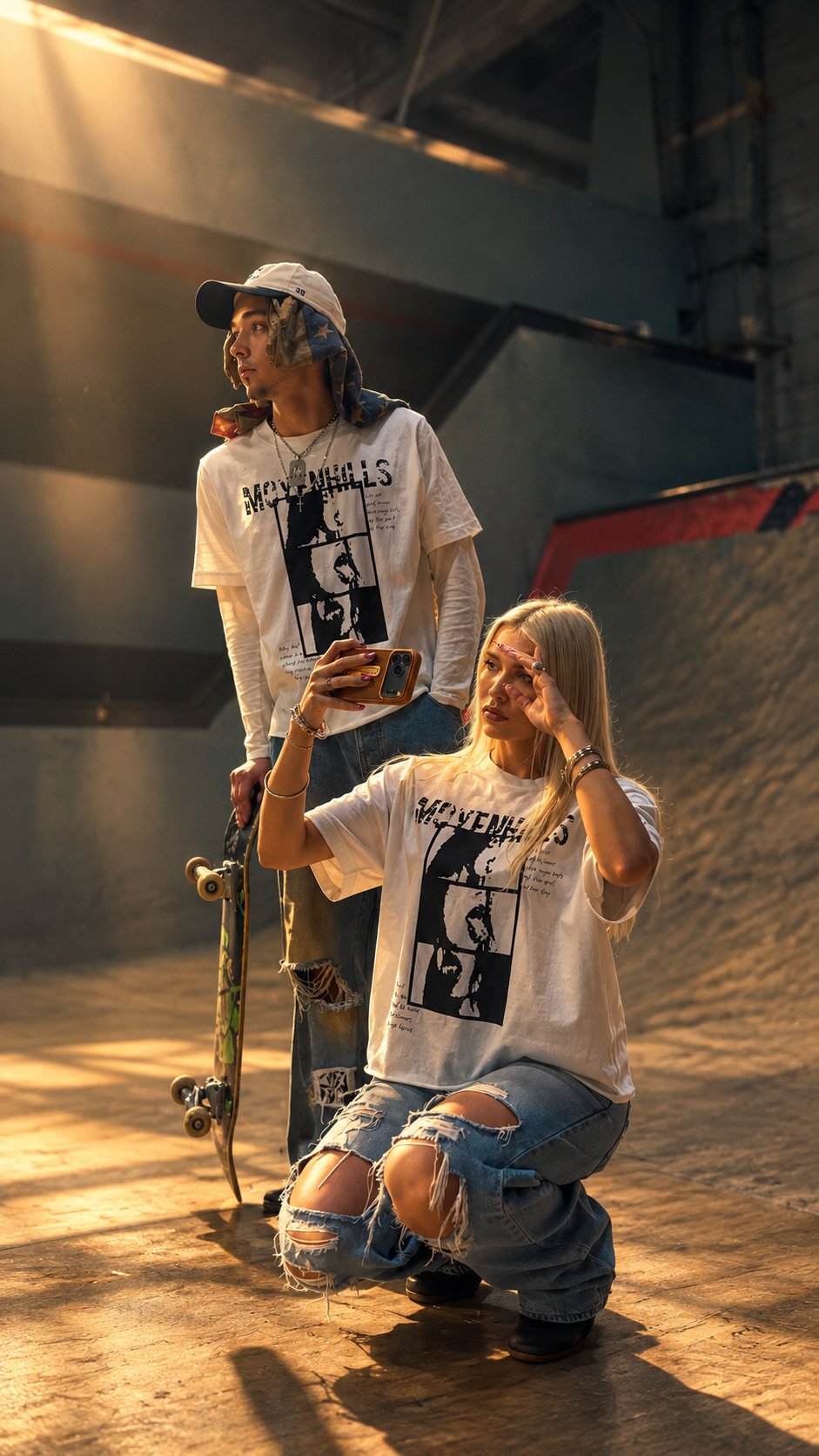 Two friends at the skatepark in the ART WILL TEE, one crouching with a phone, one holding a skateboard
