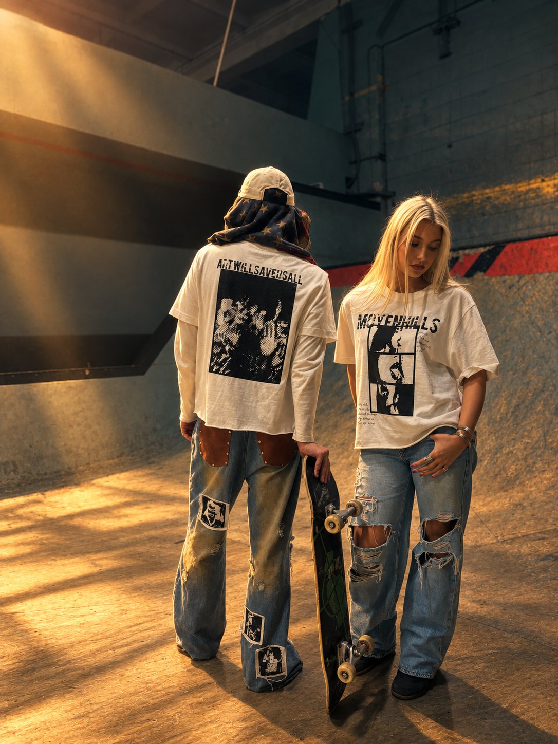 Two skaters in golden light at an indoor skatepark, one showing the ART WILL SAVE US ALL back print, one the MOYEN HILLS front